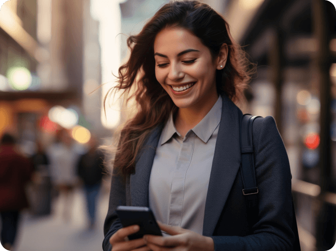 a girl with smile checking phone